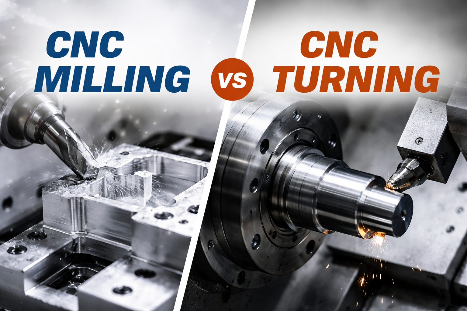 Comparison banner showing CNC milling machining an aluminum part and CNC turning machining a stainless steel shaft