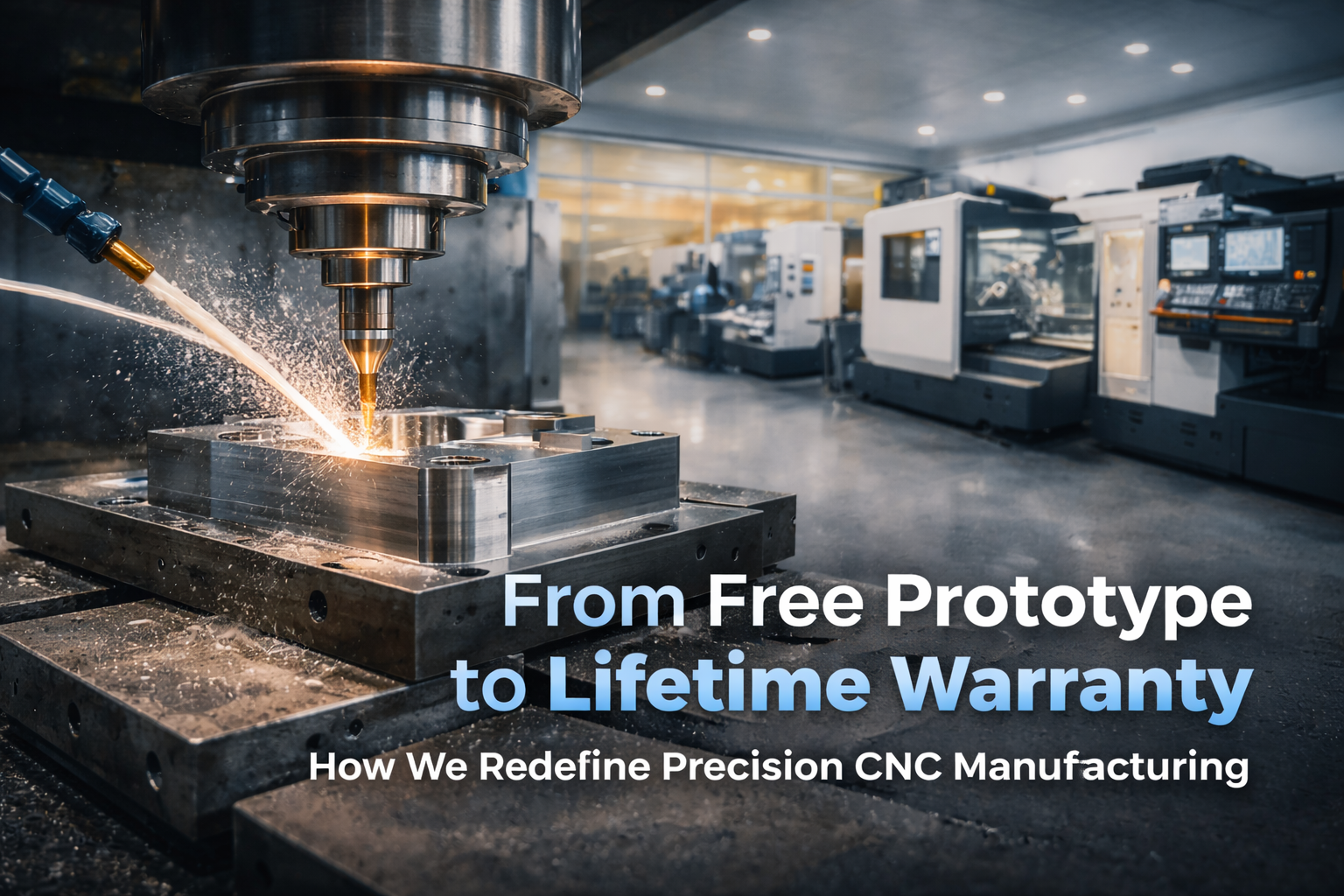 Ultra precision CNC manufacturing process showcasing advanced machining capability from free prototype validation to lifetime warranty production support.