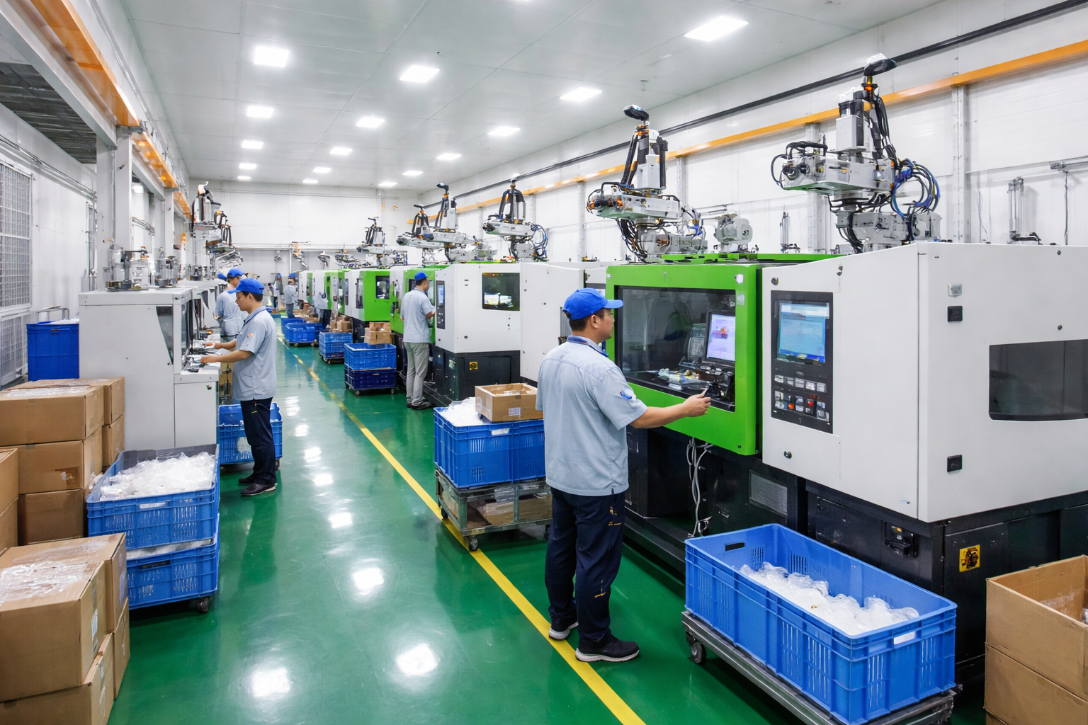 Clean and Efficient Injection Molding Workshop Featuring Multiple Automated Machines