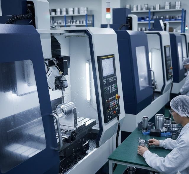 Workers Dealing with Custom Machined Parts in Optical Industry